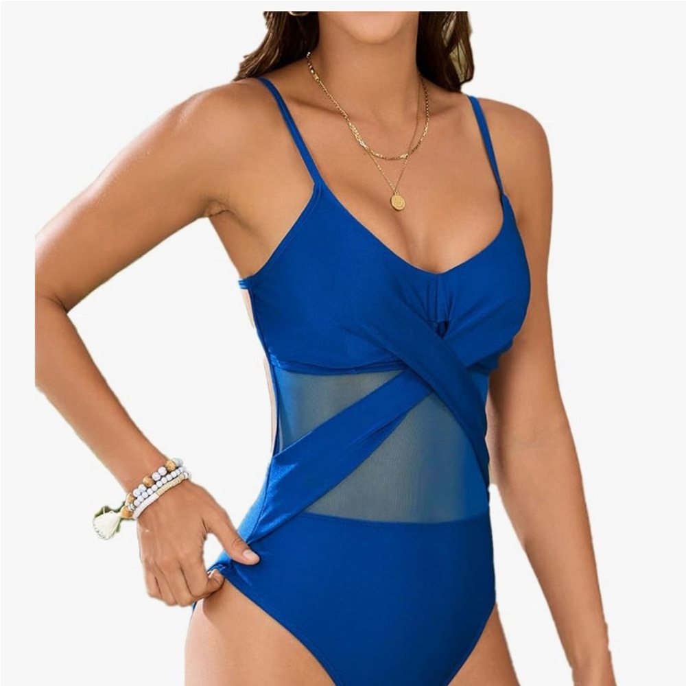 Blue One-Piece Swimsuit with Mesh Detail